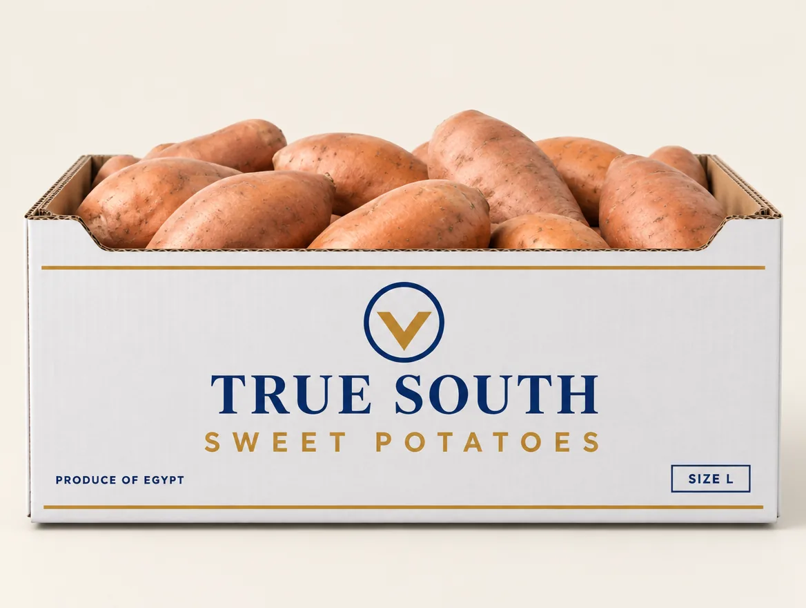 TRUE SOUTH export carton of graded Egyptian sweet potatoes