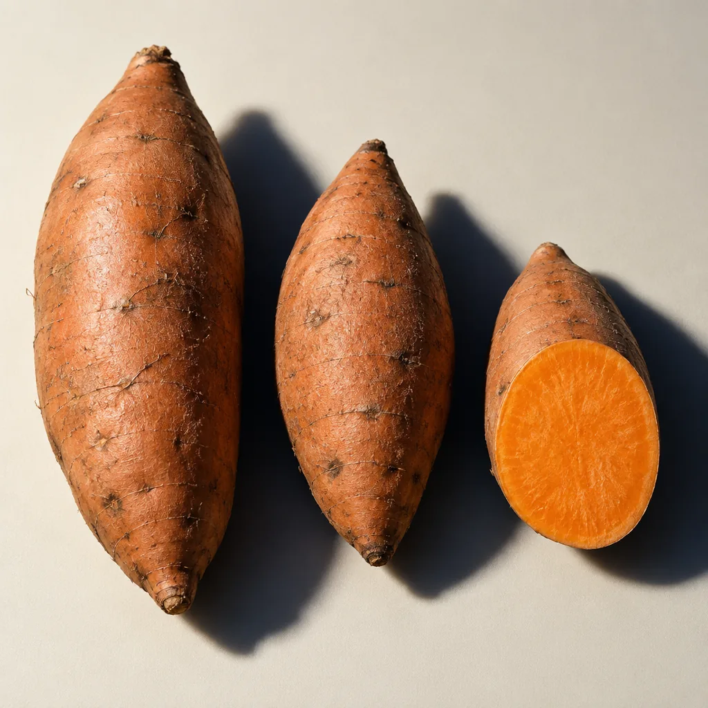 Sweet potatoes of graded sizes, one cut to show the flesh